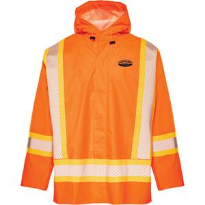 R804 Hurricane Rain Jacket - Small, Medium, Large, X-Large, 2X-Large, 3X-Large, 4X-Large, 5X-Large, High Visibility Orange, CSA Z96-22 Class 2 Level 2 & ANSI/ISEA 107-20 Class 3 Type R, Premium Grade Virgin PVC/Polyester/PVC