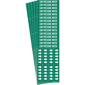 "Low Pressure Water" Pipe Markers - Vinyl, White on Green, 0" - 3/4", 2-1/4", 2-3/4", 1/2", English, Self-Adhesive, 3