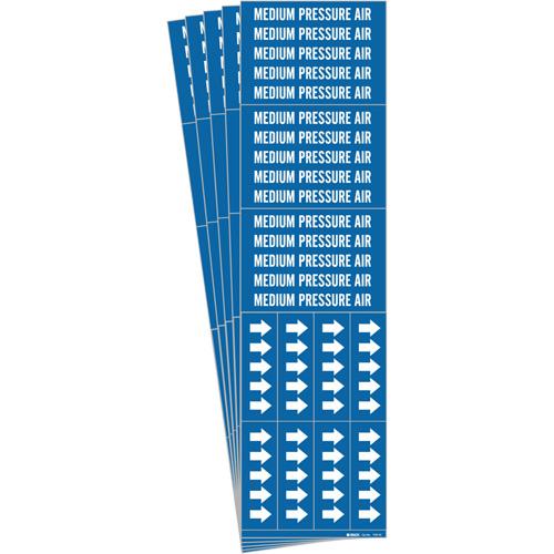 "Medium Pressure Air" Pipe Markers - Vinyl, White on Blue, 0" - 3/4", 2-1/4", 2-3/4", 1/2", English, Self-Adhesive, 3