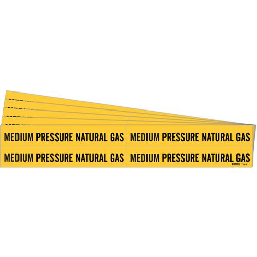 "Medium Pressure Natural Gas" Pipe Markers - Vinyl, Black on Yellow, 3/4" - 2-3/8", 1-1/8", 7", 3/4", English, Self-Adhesive, 4