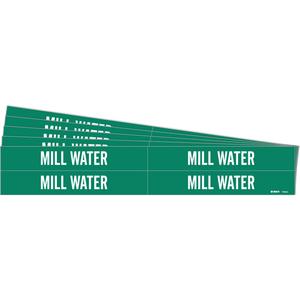 "Mill Water" Pipe Markers - Vinyl, White on Green, 3/4" - 2-3/8", 1-1/8", 7", 3/4", English, Self-Adhesive, 4