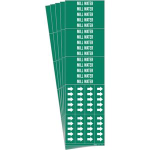 "Mill Water" Pipe Markers - Vinyl, White on Green, 0" - 3/4", 2-1/4", 2-3/4", 1/2", English, Self-Adhesive, 3