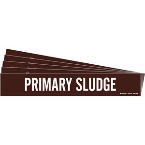 "Primary Sludge" Pipe Marker - Vinyl, White on Brown, 8" - 20", 4", 24", 3-1/2", English, Self-Adhesive