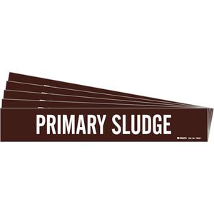 "Primary Sludge" Pipe Marker - Vinyl, White on Brown, 2-1/2" - 7-7/8", 2-1/4", 14", 2", English, Self-Adhesive