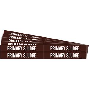 "Primary Sludge" Pipe Markers - Vinyl, White on Brown, 3/4" - 2-3/8", 1-1/8", 7", 3/4", English, Self-Adhesive, 4