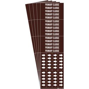"Primary Sludge" Pipe Markers - Vinyl, White on Brown, 0" - 3/4", 2-1/4", 2-3/4", 1/2", English, Self-Adhesive, 3