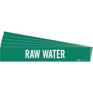 "Raw Water" Pipe Marker - Vinyl, White on Green, 2-1/2" - 7-7/8", 2-1/4", 14", 2", English, Self-Adhesive