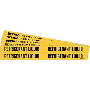 "Refrigerant Liquid" Pipe Marker - Vinyl, Black on Yellow, 3/4" - 2-3/8", 1-1/8", 7", 3/4", English, Self-Adhesive
