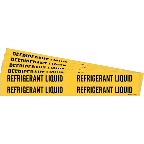 "Refrigerant Liquid" Pipe Marker - Vinyl, Black on Yellow, 3/4" - 2-3/8", 1-1/8", 7", 3/4", English, Self-Adhesive