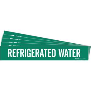 "Refrigerated Water" Pipe Marker - Vinyl, White on Green, 2-1/2" - 7-7/8", 2-1/4", 14", 2", English, Self-Adhesive