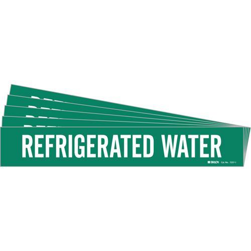"Refrigerated Water" Pipe Marker - Vinyl, White on Green, 2-1/2" - 7-7/8", 2-1/4", 14", 2", English, Self-Adhesive