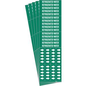 "Refrigerated Water" Pipe Markers - Vinyl, White on Green, 3/4" - 2-3/8", 1-1/8", 7", 3/4", English, Self-Adhesive, 4