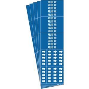 "Relief Air" Pipe Markers - Vinyl, White on Blue, 3/4" - 2-3/8", 1-1/8", 7", 3/4", English, Self-Adhesive, 3