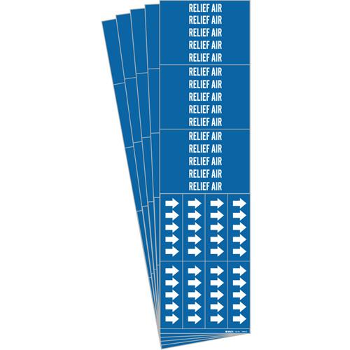 "Relief Air" Pipe Markers - Vinyl, White on Blue, 3/4" - 2-3/8", 1-1/8", 7", 3/4", English, Self-Adhesive, 3
