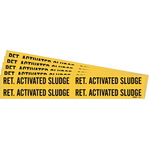 "Ret. Activated Sludge" Pipe Markers - Vinyl, Black on Yellow, 3/4" - 2-3/8", 1-1/8", 7", 3/4", English, Self-Adhesive, 4
