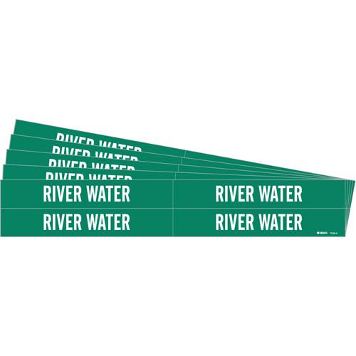 "River Water" Pipe Marker - Vinyl, White on Green, 3/4" - 2-3/8", 1-1/8", 7", 3/4", English, Self-Adhesive