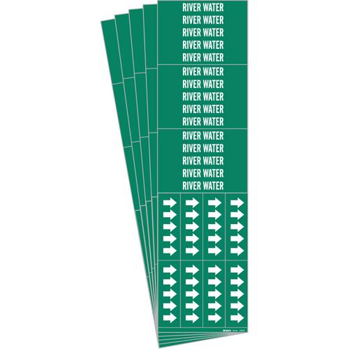 "Riverwater" Pipe Markers - Vinyl, White on Green, 3/4" - 2-3/8", 1-1/8", 7", 3/4", English, Self-Adhesive, 3