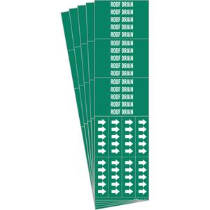 "Roof Drain" Pipe Markers - Vinyl, White on Green, 0" - 3/4", 2-1/4", 2-3/4", 1/2", English, Self-Adhesive, 3