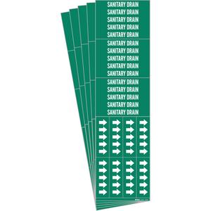 "Sanitary Drain" Pipe Markers - Vinyl, White on Green, 3/4" - 2-3/8", 1-1/8", 7", 3/4", English, Self-Adhesive, 3