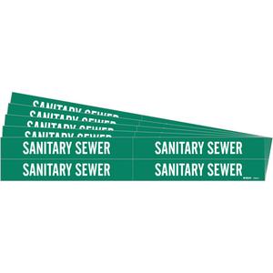 "Sanitary Sewer" Pipe Markers - Vinyl, White on Green, 3/4" - 2-3/8", 1-1/8", 7", 3/4", English, Self-Adhesive, 4