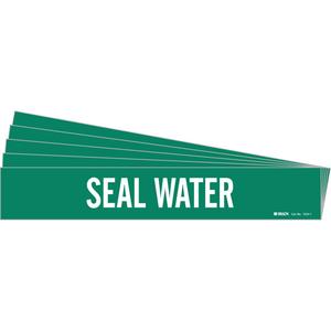 "Seal Water" Pipe Markers - Vinyl, White on Green, 2-1/2" - 7-7/8", 2-1/4", 14", 2", English, Self-Adhesive