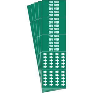 "Seal Water" Pipe Marker - Vinyl, White on Green, 0" - 3/4", 2-1/4", 2-3/4", 1/2", English, Self-Adhesive, 3