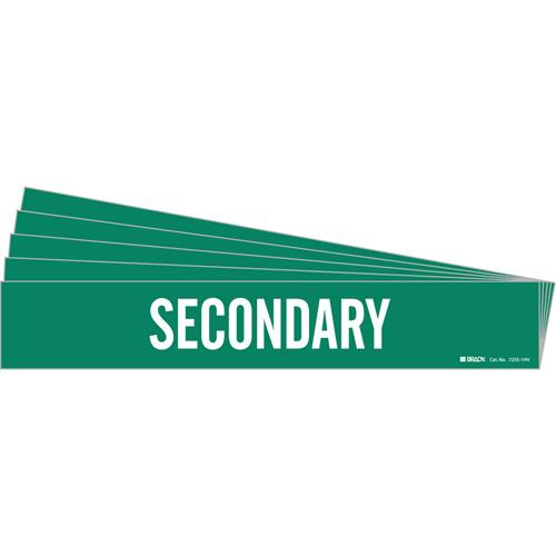"Secondary" Pipe Markers - Vinyl, White on Green, 8" - 20", 4", 24", 3-1/2", English, Self-Adhesive