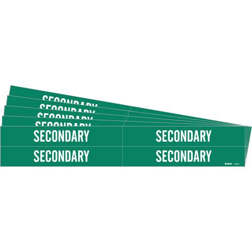 "Secondary" Pipe Marker - Vinyl, White on Green, 3/4" - 2-3/8", 1-1/8", 7", 3/4", English, Self-Adhesive, 4