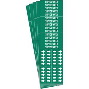 "Service Water" Pipe Marker - Vinyl, White on Green, 0" - 3/4", 2-1/4", 2-3/4", 1/2", English, Self-Adhesive, 3