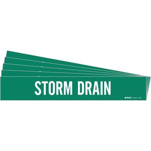 "Storm Drain" Pipe Marker - Vinyl, White on Green, 2-1/2" - 7-7/8", 2-1/4", 14", 2", English, Self-Adhesive