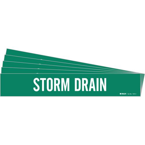 "Storm Drain" Pipe Marker - Vinyl, White on Green, 2-1/2" - 7-7/8", 2-1/4", 14", 2", English, Self-Adhesive