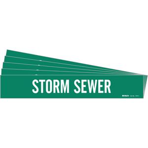 "Storm Sewer" Pipe Marker - Vinyl, White on Green, 2-1/2" - 7-7/8", 2-1/4", 14", 2", English, Self-Adhesive