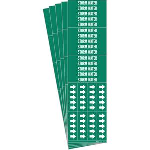 "Storm Water" Pipe Marker - Vinyl, White on Green, 0" - 3/4", 2-1/4", 2-3/4", 1/2", English, Self-Adhesive, 3