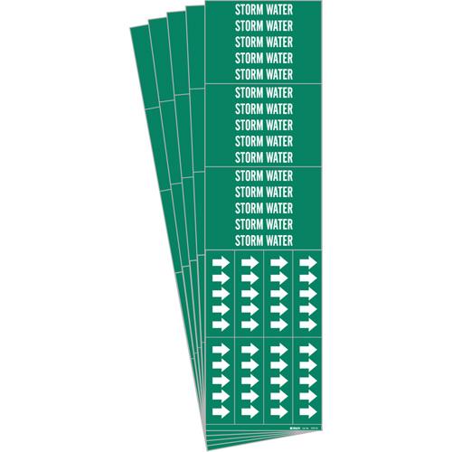 "Storm Water" Pipe Marker - Vinyl, White on Green, 0" - 3/4", 2-1/4", 2-3/4", 1/2", English, Self-Adhesive, 3