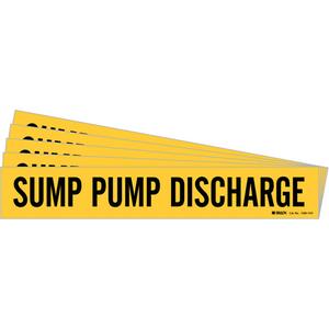"Sump Pump Discharge" Pipe Marker - Vinyl, Black on Yellow, 8" - 20", 4", 20", 3-1/2", English, Self-Adhesive