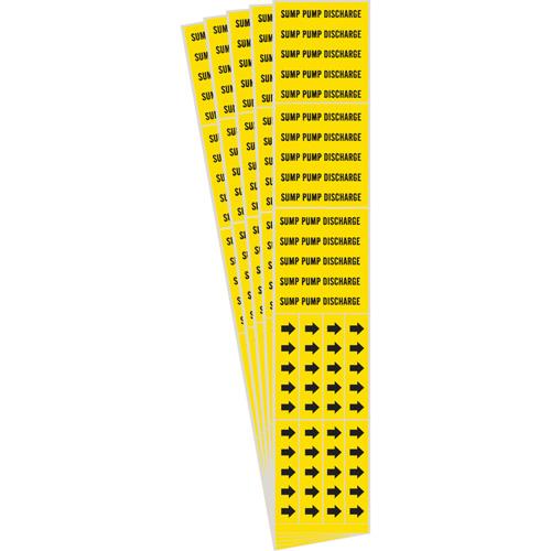 "Sump Pump Discharge" Pipe Markers - Vinyl, Black on Yellow, 0" - 3/4", 2-1/4", 2-3/4", 1/2", English, Self-Adhesive, 3