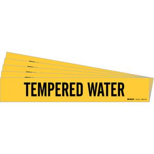 "Tempered Water" Pipe Marker - Vinyl, Black on Yellow, 8" - 20", 4", 20", 3-1/2", English, Self-Adhesive