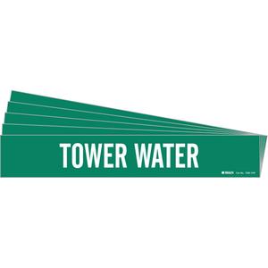 "Tower Water" Pipe Marker - Vinyl, White on Green, 8" - 20", 4", 24", 3-1/2", English, Self-Adhesive