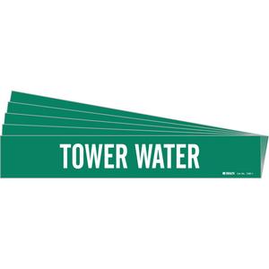 "Tower Water" Pipe Marker - Vinyl, White on Green, 2-1/2" - 7-7/8", 2-1/4", 14", 2", English, Self-Adhesive