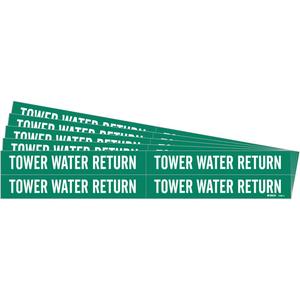 "Tower Water Return" Pipe Markers - Vinyl, White on Green, 3/4" - 2-3/8", 1-1/8", 7", 3/4", English, Self-Adhesive, 4
