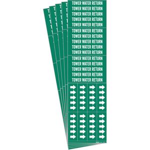 "Tower Water Return" Pipe Markers - Vinyl, White on Green, 0" - 3/4", 2-1/4", 2-3/4", 1/2", English, Self-Adhesive, 3