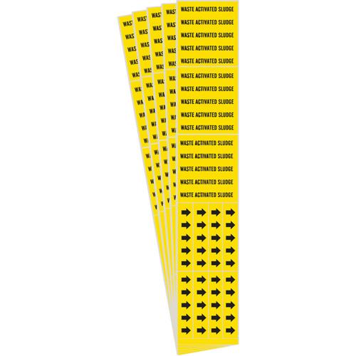 "Waste Activated Sludge" Pipe Markers - Vinyl, Black on Yellow, 0" - 3/4", 2-1/4", 2-3/4", 1/2", English, Self-Adhesive, 3