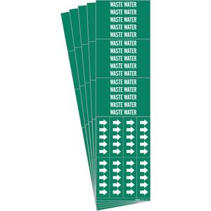 "Waste Water" Pipe Markers - Vinyl, White on Green, 0" - 3/4", 2-1/4", 2-3/4", 1/2", English, Self-Adhesive, 3