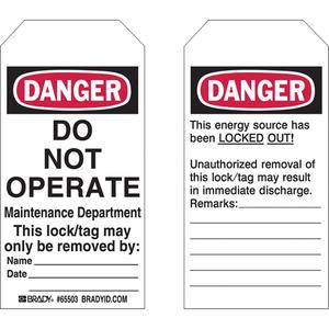 Lockout Tags - Plastic, English, 3", 5-3/4", Danger Do Not Operate Maintenance Department