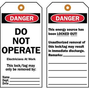 Lockout Tags - Plastic, English, 3", 5-1/2", Danger Do Not Operate Electricians At Work