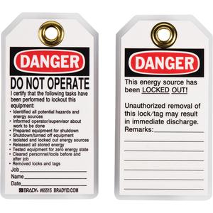 Lockout Tags - Plastic, English, 3", 5-1/2", DO NOT OPERATE I certify that the following tasks have been performed ETC