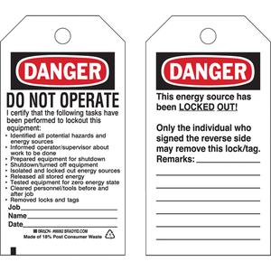 Lockout Tags - Plastic, English, 3", 5-1/2", DO NOT OPERATE I certify that the following tasks have been performed ETC