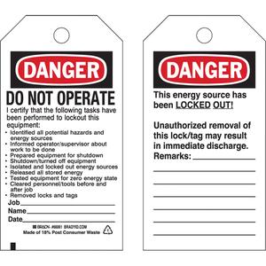 Lockout Tags - Plastic, English, 3", 5-3/4", DO NOT OPERATE I certify that the following tasks have been performed ETC