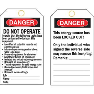 Lockout Tags - Plastic, English, 3", 5-3/4", DO NOT OPERATE I certify that the following tasks have been performed ETC