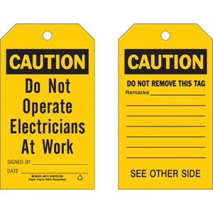 Safety Tags - English, Cardstock, 4", 7", Caution Do Not Operate Electricians At Work